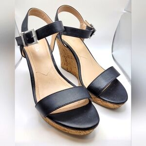 Charles David Black Leather Wedge Sandals
